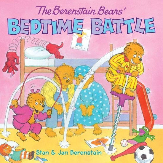 The Berenstain Bears' Bedtime Battle, een boekillustratie met berenfamilie die zich klaarmaakt voor het slapengaan.