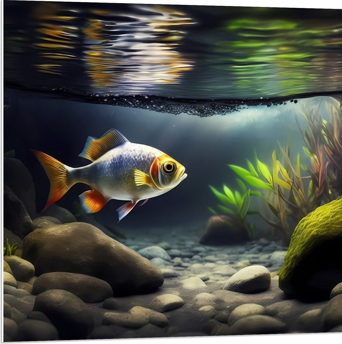 PVC Schuimplaat - Zilver met Oranjekleurige Vis Zwemmend in Aquarium - 80x80 cm Foto op PVC Schuimplaat (Met Ophangsysteem)
