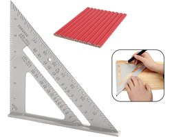 PD® - Winkelhaak Kunststof + 12 Afteken Potloden - Blokhaak - Zwaaihaak - Speed Square - Zweihaak - Schrijfhaak - Meetdriehoek -