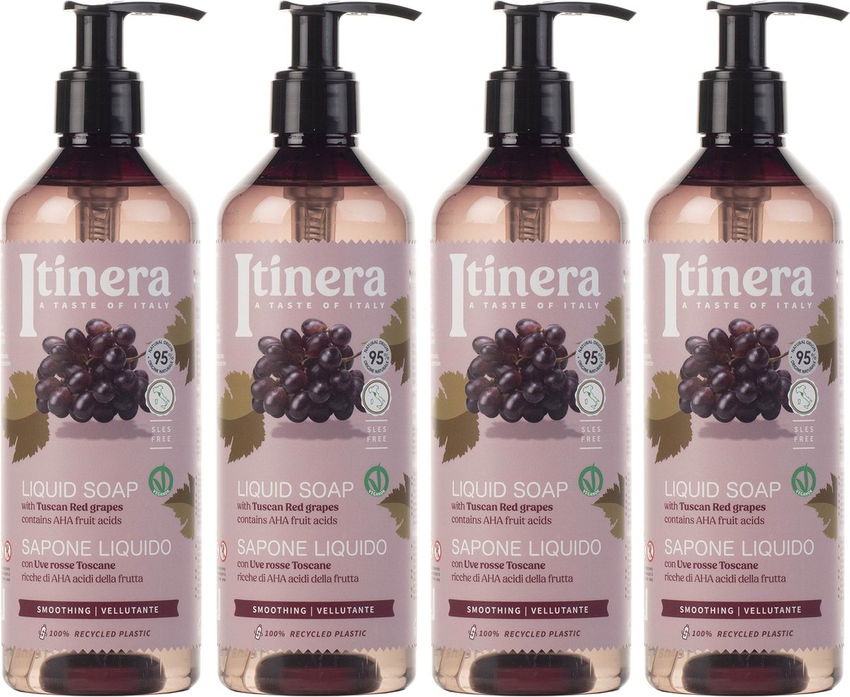 ITINERA - Gladmakende Vloeibare Zeep met Toscaanse Rode Druiven, 95% Natuurlijke Ingrediënten 370 ml (4 stuks)