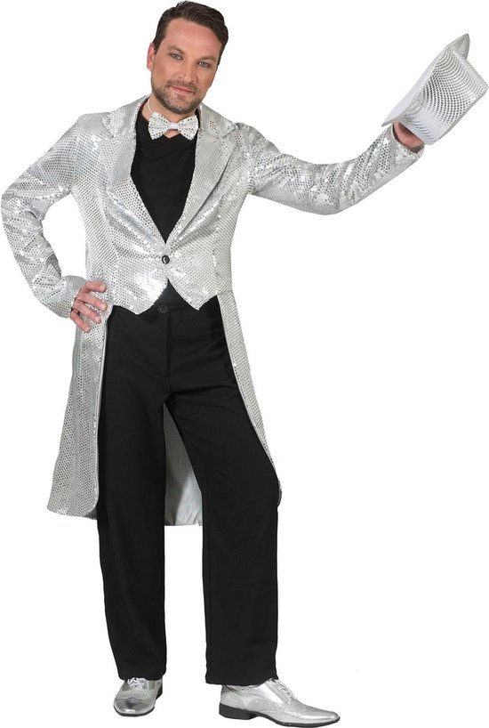 Pierros - Glitter & Glamour Kostuum - Zilveren Frackjas Aron Man - Zilver - Maat 56-58 - Carnavalskleding - Verkleedkleding