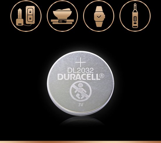 Duracell DL2032 batterij, met icoontjes van autosleutel, weegschaal, horloge en thermometer.