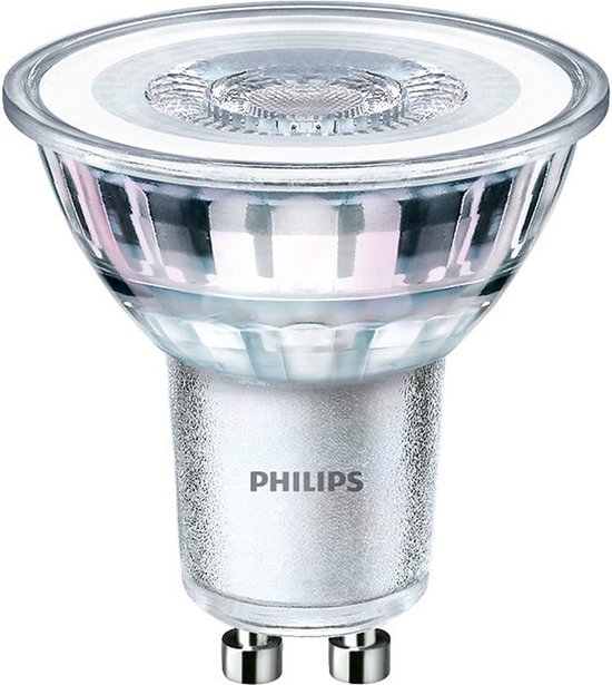 Spot LED Philips GU10 avec culot argenté et dôme transparent.