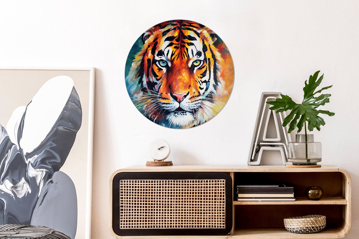 WallCircle - Wandcirkel - Muurcirkel - Tijger - Dieren - Olieverf - Kunst - Aluminium - Dibond - 60x60 cm - Binnen en Buiten