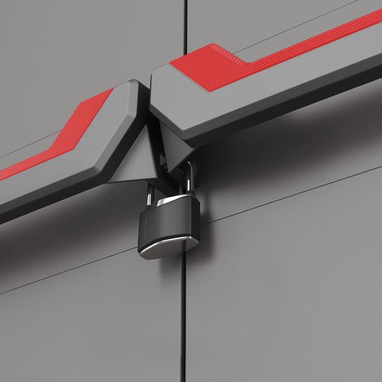 Close-up van de grijze deuren van een opbergkast met rode accenten en een hangslot.