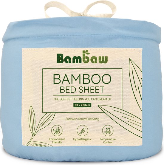 Bamboe Hoeslaken | 1-Persoons Eco Hoeslaken 90cm bij 200cm | Lichtblauw | Luxe Bamboe Beddengoed | Hypoallergeen Hoeslaken | Puur Bamboe Viscose Rayon hoeslaken | Ultra-ademende Stof |Bambaw