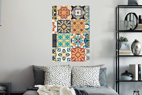 Stickers muraux - Film autocollant - Fleurs - Vintage - Motif - Blauw - Oranje - 60x90 cm - Film adhésif - Stickers muraux muraux Chambre d'enfant - Papier peint autocollant - Papier peint autocollant - Film autocollant