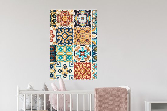 Stickers muraux - Film autocollant - Fleurs - Vintage - Motif - Blauw - Oranje - 60x90 cm - Film adhésif - Stickers muraux muraux Chambre d'enfant - Papier peint autocollant - Papier peint autocollant - Film autocollant