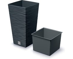 Prosperplast Plantenpot Furu Stripes - voor buiten - kunststof - antraciet - vierkant - D20xH38 cm - bloempot