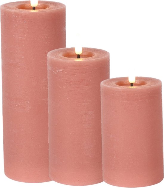 Countryfield LED kaarsen/stompkaarsen set - 3x st- roze - H12,5, H15 en H20 cm