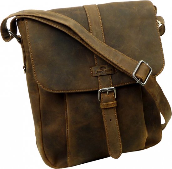 Landleder "Old School" Lederen Messenger bag - High - Western Type - Vintage Bruin - (afmeting : 27 x 10 x 33 cm.)