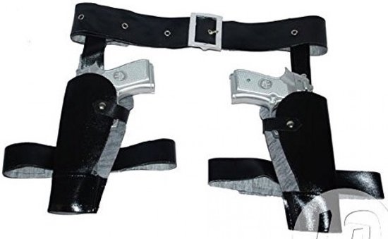 Zwarte leg holsterset met dubbele riemen en twee zilverkleurige pistolen.