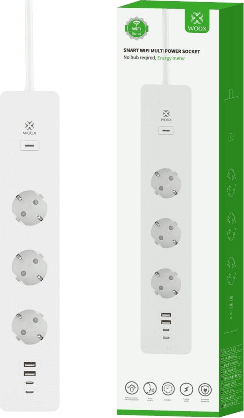 WOOX R6132 smart verlengkabel met 3 Schuko stopcontacten en 4 USB-poorten