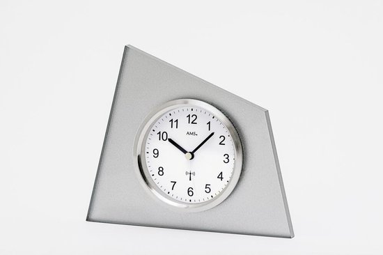 AMS Horloge De Table Radio-pilotée - Style Laiton Vieilli, Cadran Blanc, Chiffres Arabes, Boîtier Bois, Pile AA Non Incluse