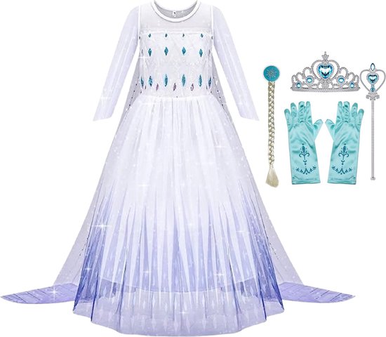 Prinsessenjurk meisje - Verkleedkleding meisje - Het Betere Merk - 146/152 (150) - Kroon - Tiara - Paars - Handschoenen - Vlecht - Toverstaf - Prinsessen speelgoed - cadeau meisje - verjaardag meisje