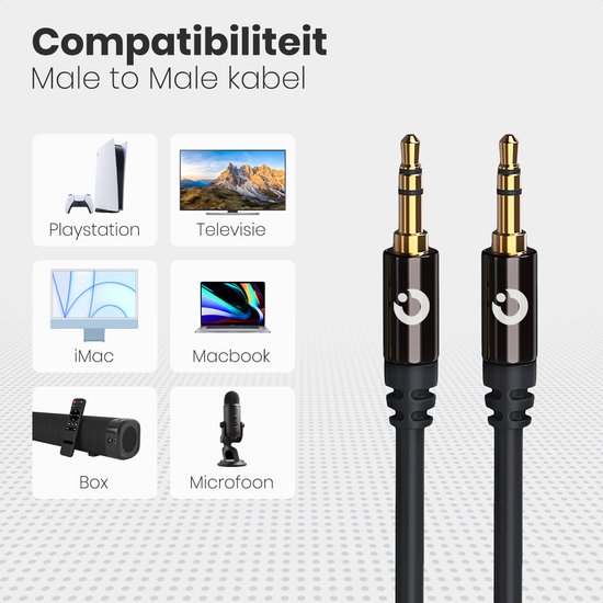 Zwarte male-to-male kabel met gouden 3,5 mm jackpluggen, compatibel met PlayStation, TV, iMac, Macbook, Box en microfoon.