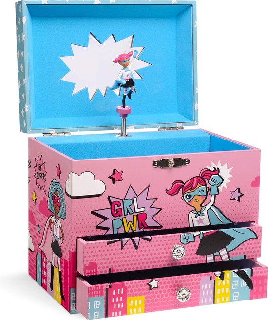 Jewelkeeper® Girl Power Superheld Musical Jewelry Box met 2 uitbreidbare laden - voor Elise Melody