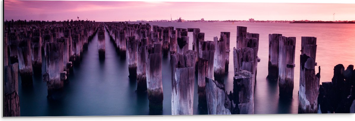 Dibond - Palen - Water - Hout - Zee - Kleuren - 90x30 cm Foto op Aluminium (Wanddecoratie 