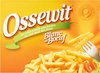 Ossewit Blanc de Boeuf verpakking met de tekst 'De echte smaak van frietjes', met een afbeelding van frietjes op een vork.