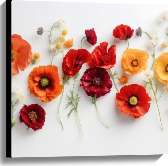 Canvas - Rij van Planten en Bloemen in Verschillende Kleuren en Soorten op Wit Oppervlak - 60x60 cm Foto op Canvas Schilderij (Wanddecoratie op Canvas)