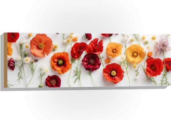 Hout - Rij van Planten en Bloemen in Verschillende Kleuren en Soorten op Wit Oppervlak - 90x30 cm - 9 mm dik - Foto op Hout (Met Ophangsysteem)