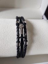 Claudia Koch Bracelet Men Genuine Leather With Stainless Steel, Black Silver