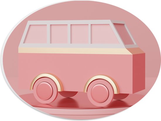 PVC Schuimplaat Ovaal - Roze Speelgoed Camper tegen Roze Achtergrond - 28x21 cm Foto op Ovaal (Met Ophangsysteem)