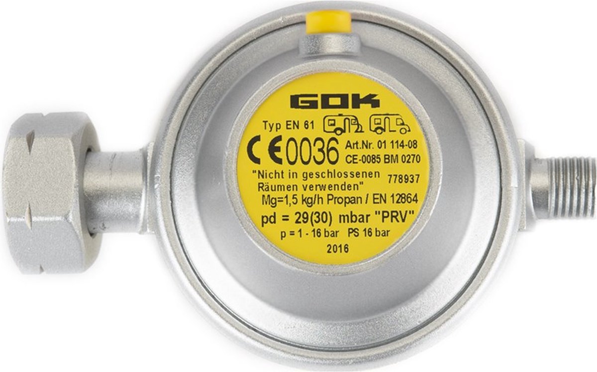 GOK gasdrukregelaar afblaasbeveiliging 30 mbar DIN X 1/4 inch links