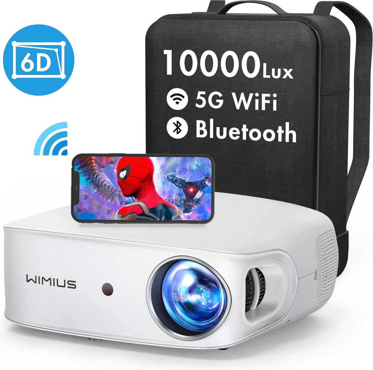 WiMius® Beamer - K7 - 4K Ultra HD Projector - Mini Beamer Incl. Opbergtas - Bluetooth 5.0 - IOS & Android - WiFi 5G Compatibel - LCD & LED - Contrast 10000:1