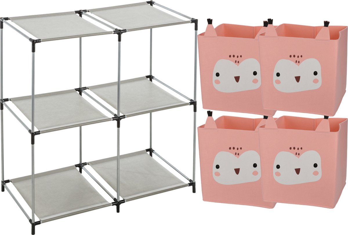 Kastmandjes/opberg mandjes - uilen print - roze - 4x stuks van 29L - In rekje van 68 x 68 cm