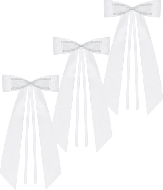 PartyDeco trouwauto antenne lint strik - Bruiloft - wit - 8x stuks - 14 cm - just married