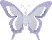 Mega Collections tuin/schutting decoratie vlinder - metaal - lila paars - 24 x 18 cm