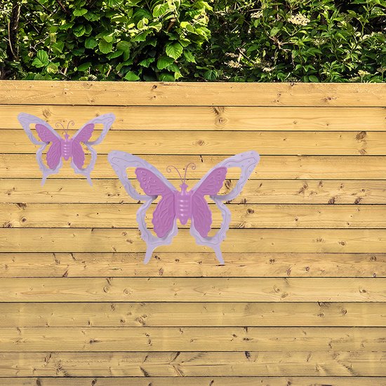 2 Grandes Décorations Jardin Papillon Métal - Art Mural Extérieur Bleu Et Jaune 27x22cm