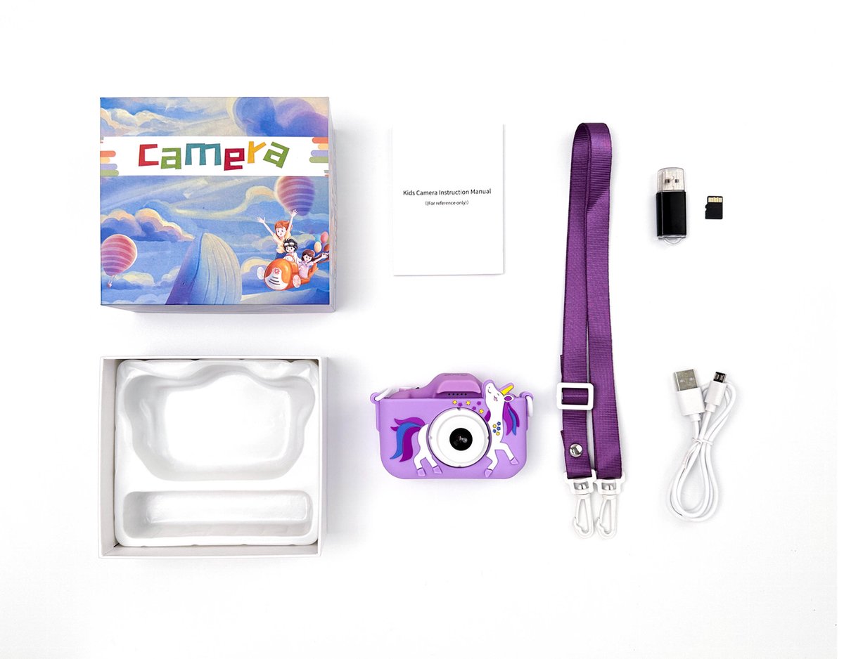 Ilona® Digitale Kindercamera HD 1080p inclusief stickervel - Speelgoedcamera - 32GB micro sd kaart - Fototoestel Voor Kinderen - Selfie Camera - Unicorn Paars — afbeelding 9