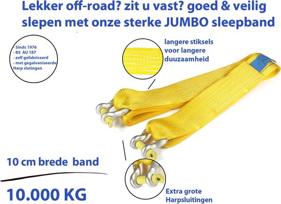 Sleepkabel 5 m x 5 cm - 10 ton (22046 lbs) sleepkabel voor auto, sleepkabels voor off-road recovery, sleepriem met 2 versterkte haken en 2 handschoenen en opbergtas