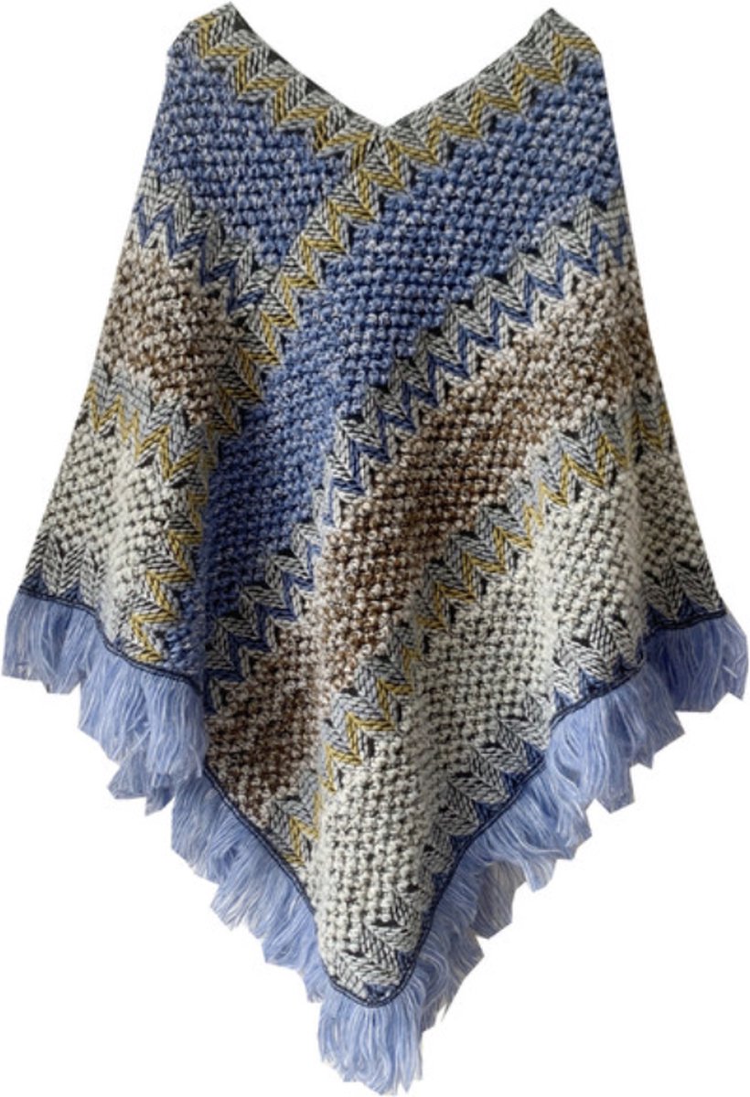 N3 Collecties Bohemian Knitted Tassel Warme Mantel Jas Herfst Winter Poncho-Blauw