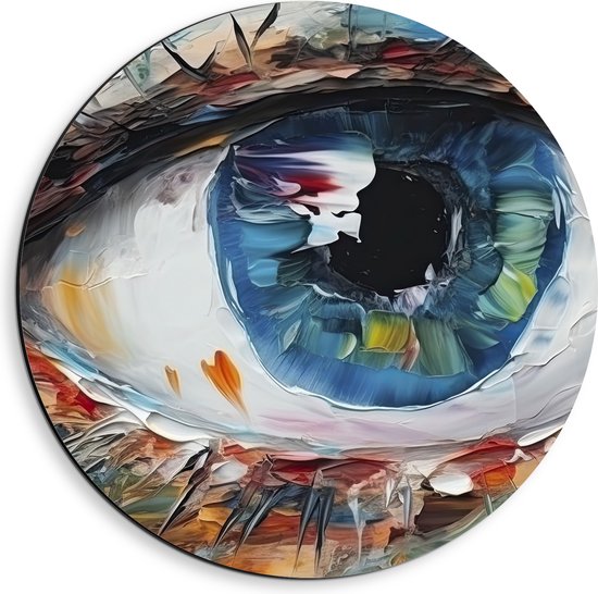 Dibond Muurcirkel - Schilderij van Oog in Rode en Blauwe Tinten - 40x40 cm Foto op Aluminium Muurcirkel (met ophangsysteem)
