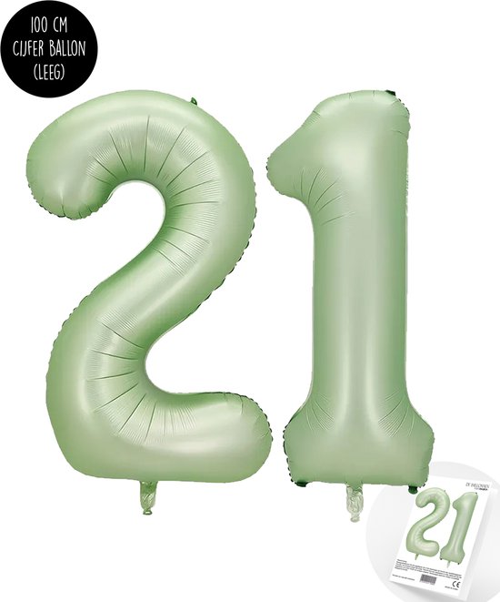 Cijfer Helium Folie Ballon XXL - 21 jaar cijfer - Olive - Groen - Satijn - Nude - 100 cm - leeftijd 21 jaar feestartikelen verjaardag