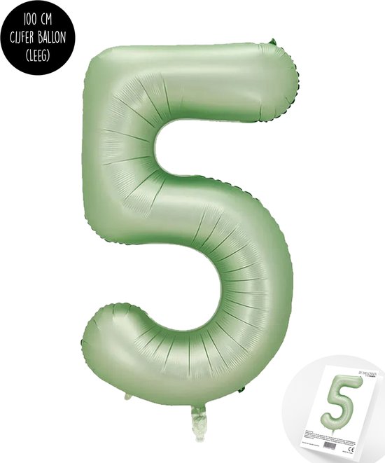 Cijfer Helium Folie Ballon XXL - 5 jaar cijfer - Olive - Groen - Satijn - Nude - 100 cm - leeftijd 5 jaar feestartikelen verjaardag