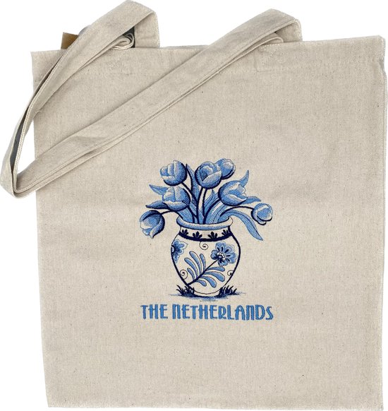 Geborduurde canvas schoudertas - Tulpen - Tulips - The Netherlands - geschenktas - cadeau - boodschappentas - draagtas - 38 x 42 cm