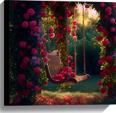 Canvas - Romantische Schommel aan Roze Bloemenboog - 40x40 cm Foto op Canvas Schilderij (Wanddecoratie op Canvas)