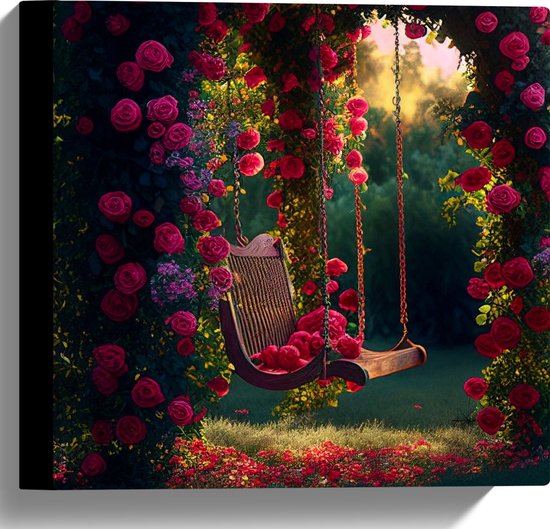 Canvas - Romantische Schommel aan Roze Bloemenboog - 30x30 cm Foto op Canvas Schilderij (Wanddecoratie op Canvas)