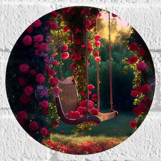 Muursticker Cirkel - Romantische Schommel aan Roze Bloemenboog - 20x20 cm Foto op Muursticker