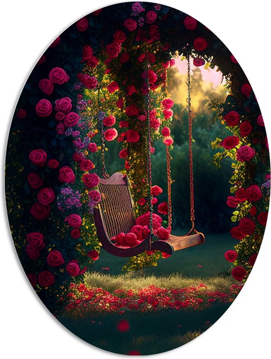 PVC Schuimplaat Ovaal - Romantische Schommel aan Roze Bloemenboog - 72x96 cm Foto op Ovaal (Met Ophangsysteem)