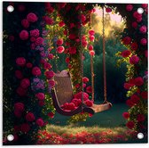 Tuinposter – Romantische Schommel aan Roze Bloemenboog - 50x50 cm Foto op Tuinposter (wanddecoratie voor buiten en binnen)