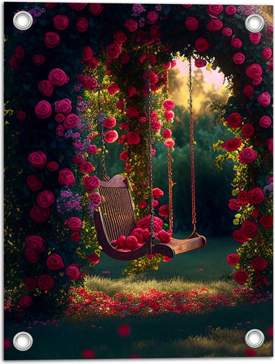 Tuinposter – Romantische Schommel aan Roze Bloemenboog - 30x40 cm Foto op Tuinposter (wanddecoratie voor buiten en binnen)
