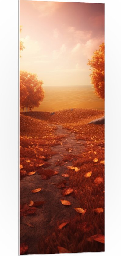 PVC Schuimplaat - Schilderij van Weg tussen Bomen Bedolven onder Herfstbladeren met Prachtig Uitzicht - 40x120 cm Foto op PVC Schuimplaat (Met Ophangsysteem)