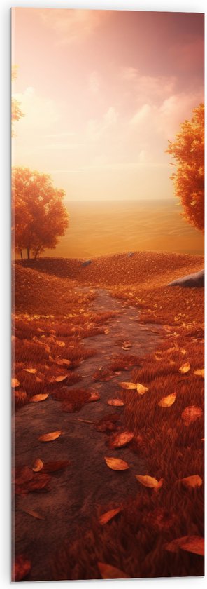 Acrylglas - Schilderij van Weg tussen Bomen Bedolven onder Herfstbladeren met Prachtig Uitzicht - 30x90 cm Foto op Acrylglas (Wanddecoratie op Acrylaat)