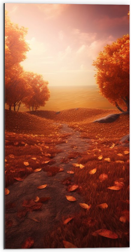 Dibond - Schilderij van Weg tussen Bomen Bedolven onder Herfstbladeren met Prachtig Uitzicht - 50x100 cm Foto op Aluminium (Wanddecoratie van metaal)