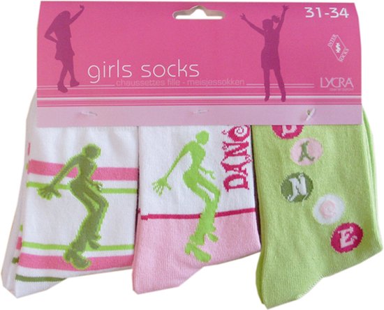 Meisjes sokken - katoen 6 paar - dancing - maat 31/34 - assortiment wit/groen/roze - naadloos